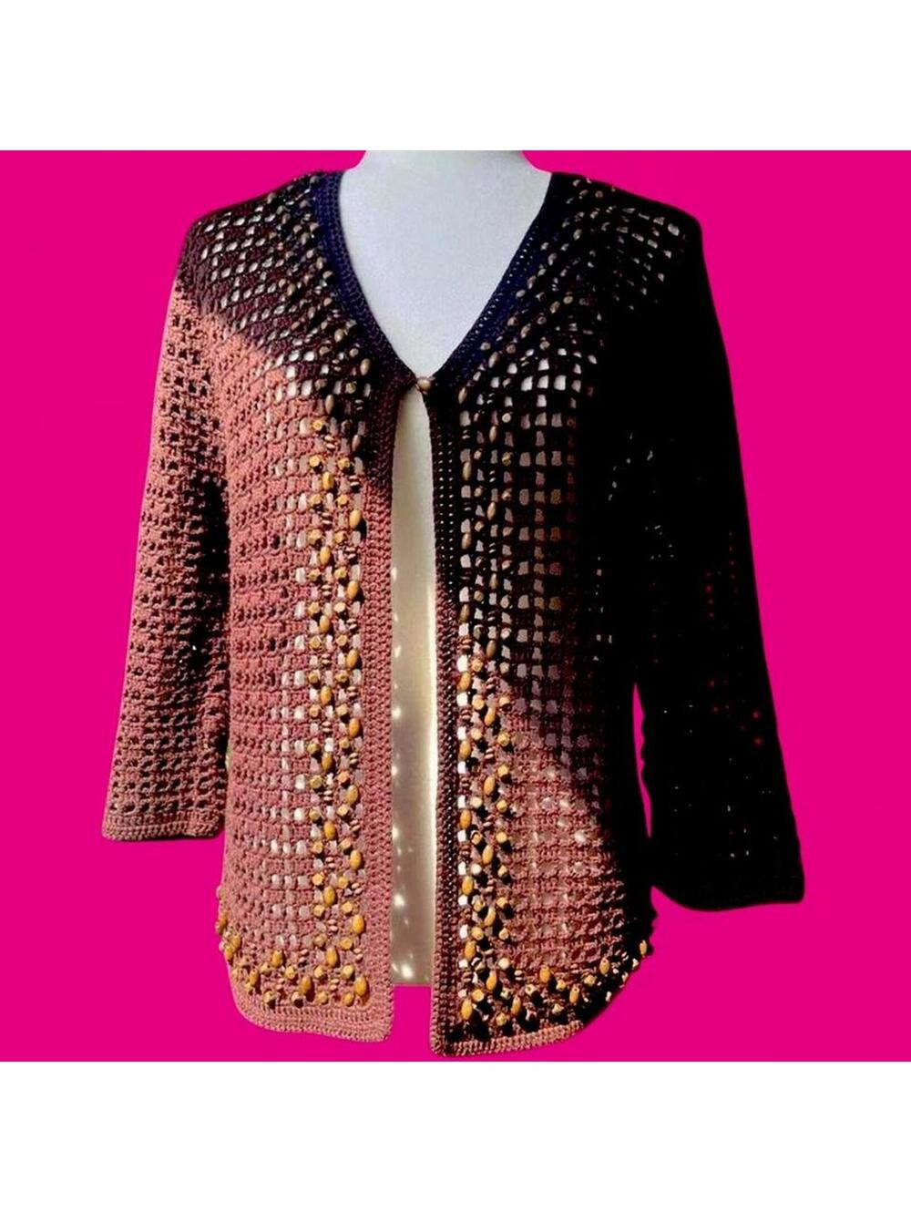 Vintage Dressbarn Brown Beaded Crochet Cardigan Boho Open Knit
